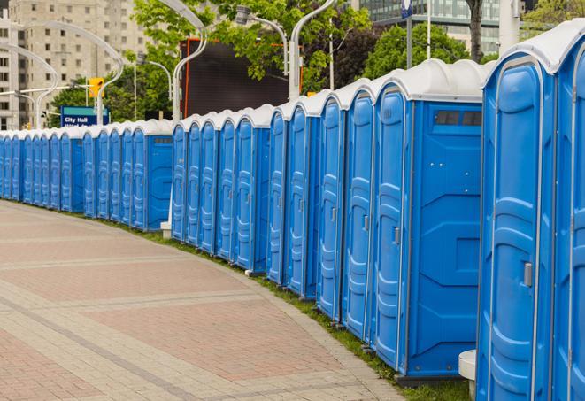 a line of portable restrooms set up for a wedding or special event, ensuring guests have access to comfortable and clean facilities throughout the duration of the celebration in Spring Lake